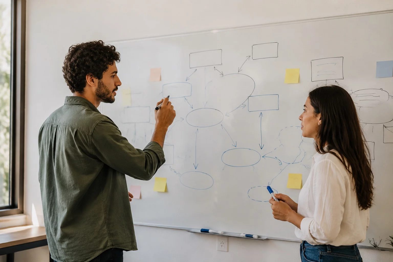 Duas pessoas diante de um quadro branco com um mapa de argumento desenhado à mão