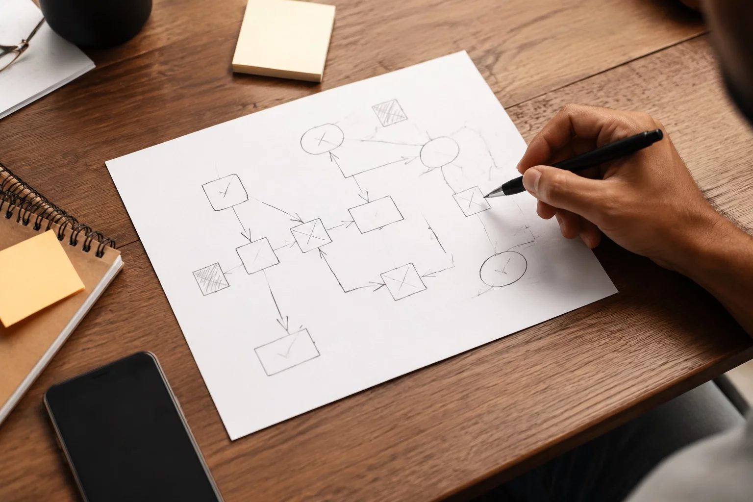 Vista de cima de uma mesa com um diagrama de lógica desenhado à mão
