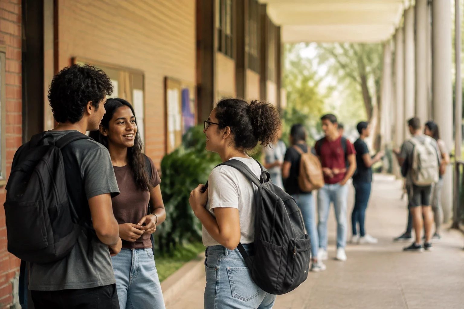 Estudantes com mochilas conversando no corredor de uma universidade
