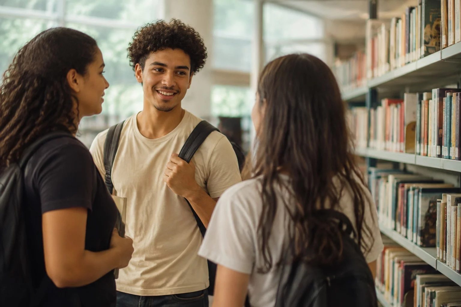 Estudantes conversando em pé entre as estantes de uma biblioteca