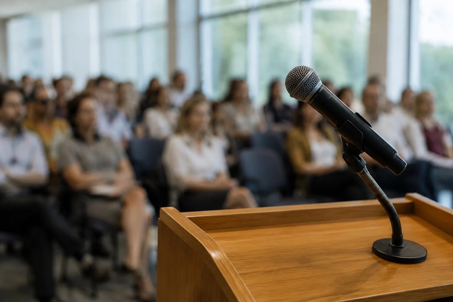 Microfone sobre uma tribuna, com a plateia sentada desfocada ao fundo