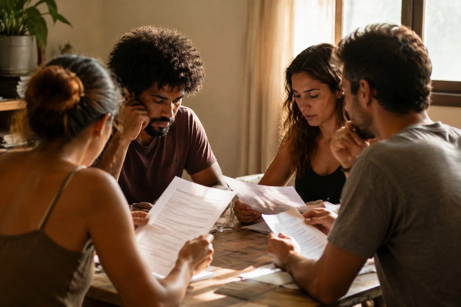 Grupo pequeno lendo páginas impressas de argumentos ao redor de uma mesa