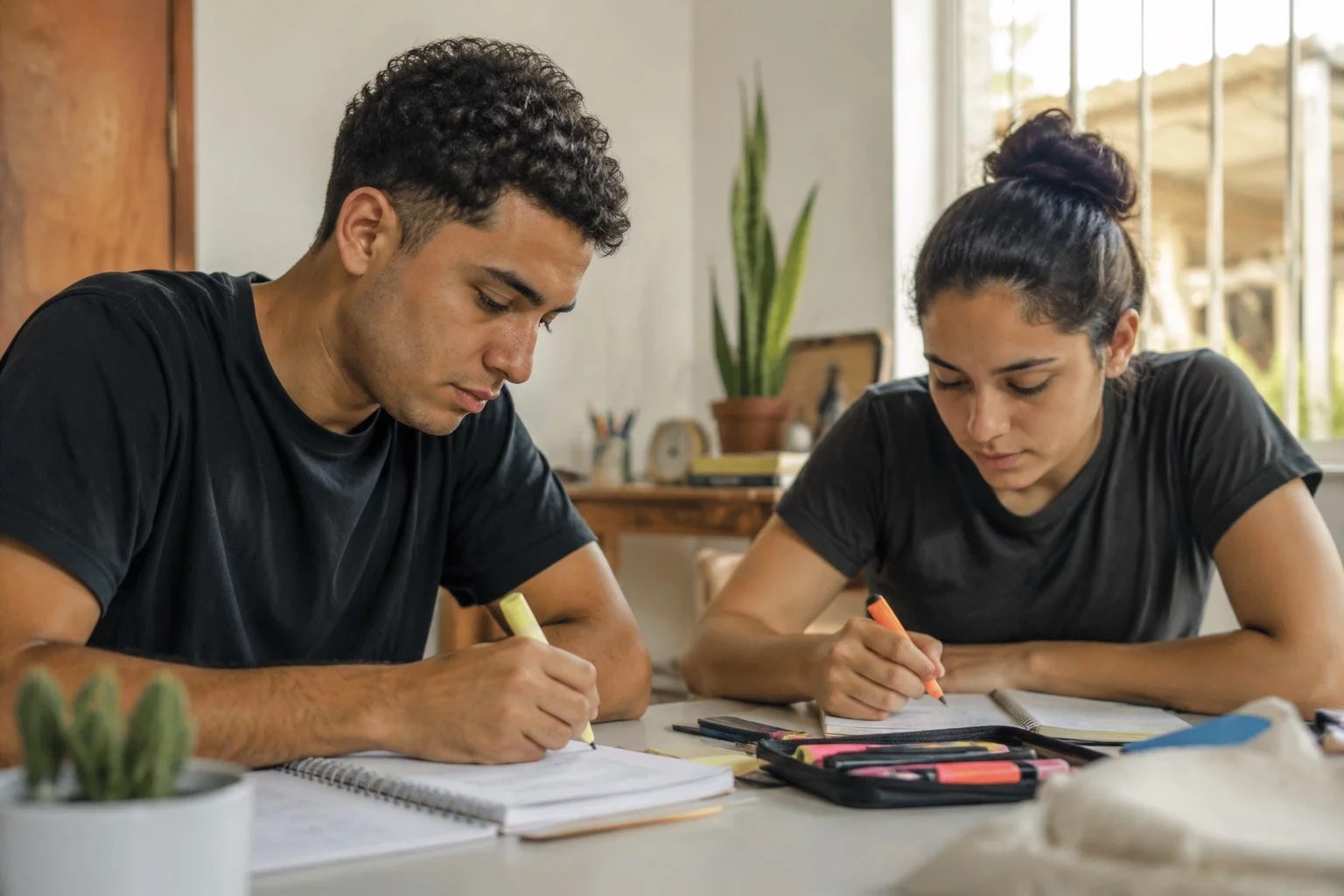 Dois estudantes preparando um debate com cadernos e marcadores