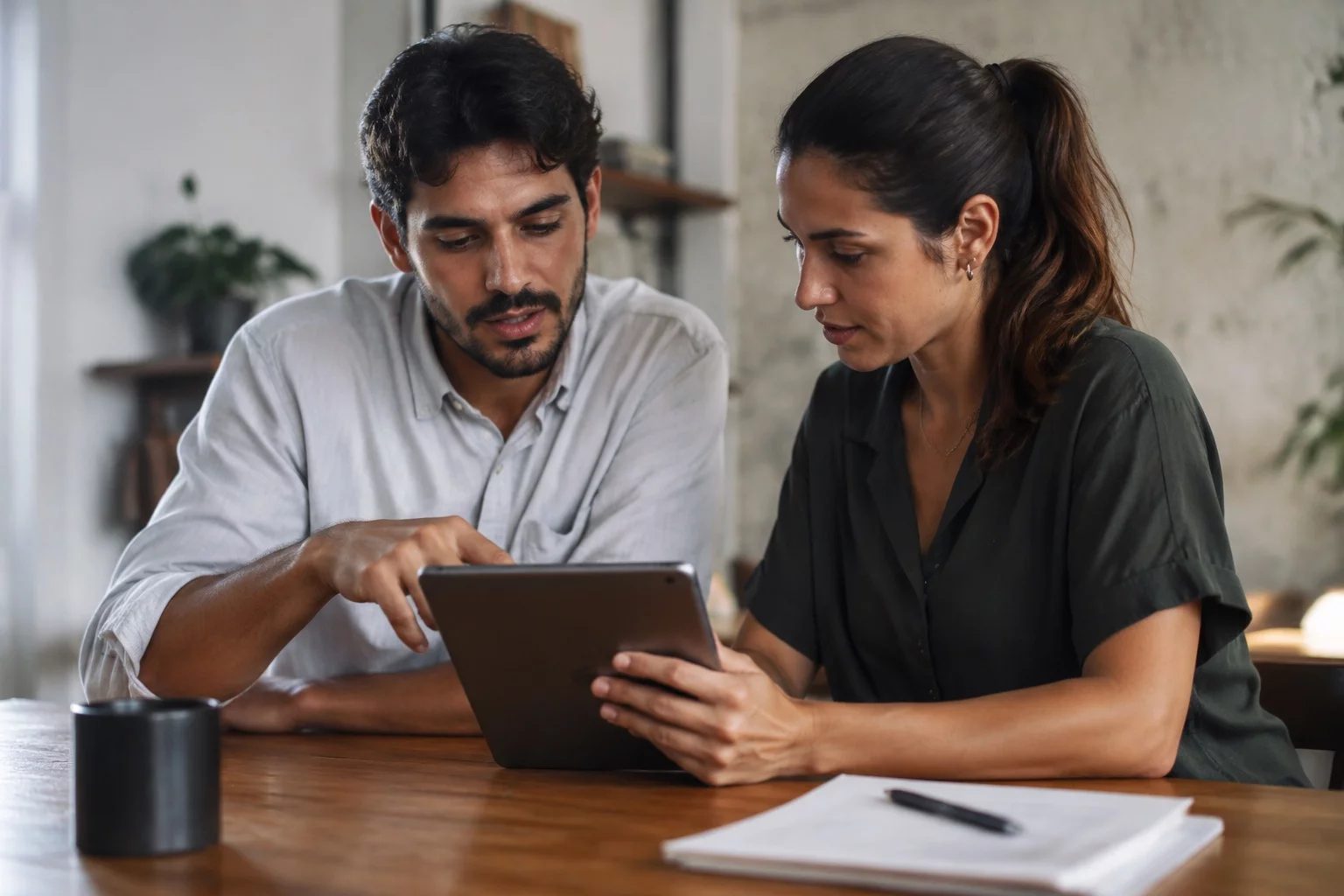 Duas pessoas revisando anotações em um tablet sobre uma mesa de madeira
