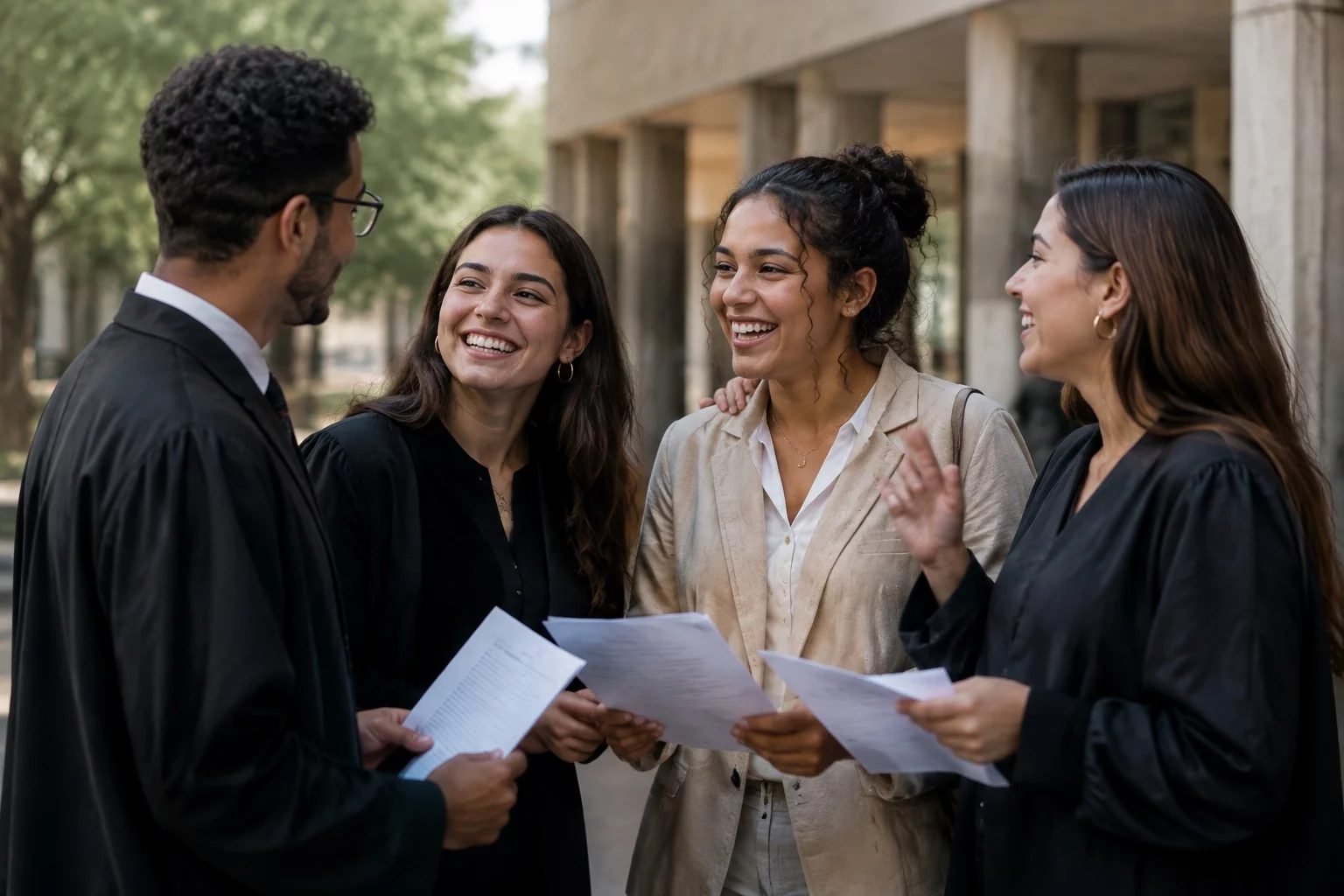 Grupo sorrindo após uma rodada de debate, com papéis nas mãos